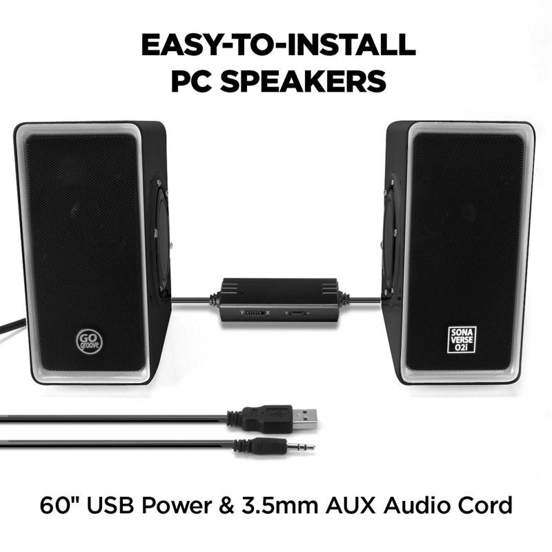 GOgroove Gaming Computer Speakers with Blue LED Light - SonaVERSE O2i Speakers for Desktop, Laptop, PC - USB Speaker 2.0 with AUX Input, in-Line Volume Control, Bass Stereo Sound, 14W (Black) - Image 3